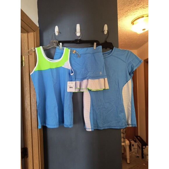 SOFIBELLA Women's Large 3 Piece Tennis/Activewear Shirt, Tank & Skort Set Blue - Picture 1 of 13